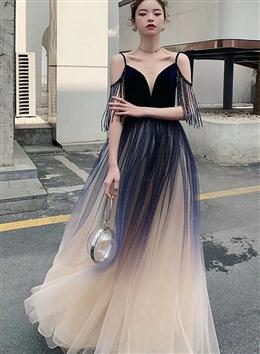Picture of Pretty Tulle Blue Gradient V-neckline Straps Prom Dresses, A-line Tulle Formal Dresses